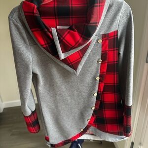 Plaid Accent Gray and Red Women's Long Sleeve Top